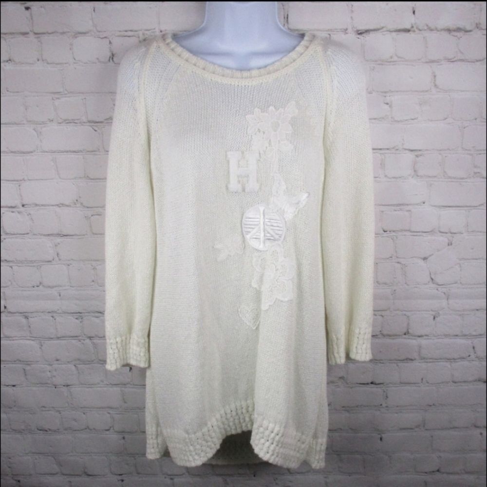 Tommy Hilfiger Floral Embroidered Graphic Patch Long Line Sweater